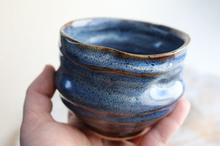 a hand holding a blue and brown cup