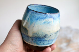 a hand holding a blue and white cup