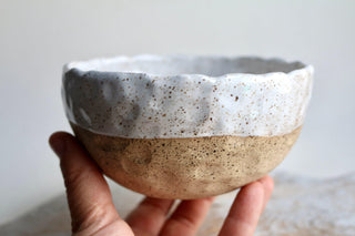 a hand holding a white and brown bowl