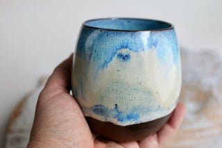 a hand holding a blue and white cup