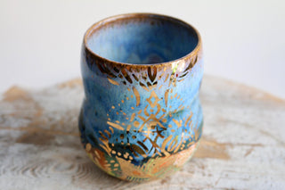 Artisan hand painted pottery Mug with Mandala Design – Blue and Gold Accents