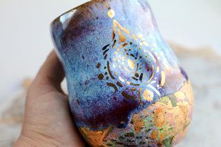 Artisan hand painted pottery Mug with Mandala Design – Blue, Purple, and Gold Accents