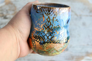 Artisan hand painted pottery Mug with Mandala Design – Blue and Gold Accents