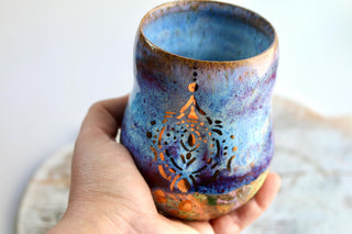 Artisan hand painted pottery Mug with Mandala Design – Blue, Purple, and Gold Accents