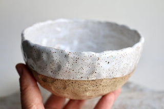 a hand holding a white and brown bowl