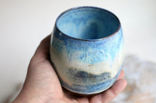 a hand holding a blue and white cup