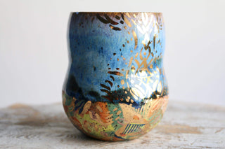 Artisan hand painted pottery Mug with Mandala Design – Blue and Gold Accents