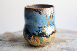 Artisan hand painted pottery Mug with Mandala Design – Blue and Gold Accents