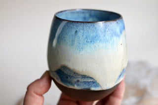 a hand holding a blue and white cup