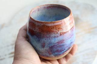 a hand holding a blue and brown cup