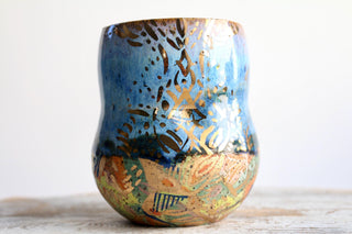 Artisan hand painted pottery Mug with Mandala Design – Blue and Gold Accents