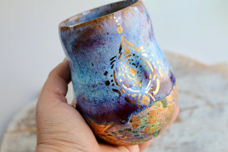 Artisan hand painted pottery Mug with Mandala Design – Blue, Purple, and Gold Accents