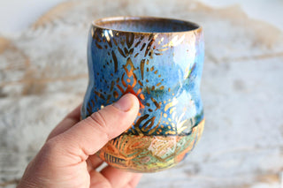 Artisan hand painted pottery Mug with Mandala Design – Blue and Gold Accents