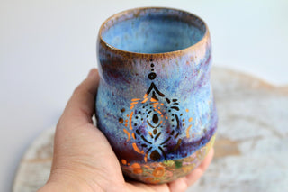 Artisan hand painted pottery Mug with Mandala Design – Blue, Purple, and Gold Accents