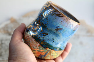 Artisan hand painted pottery Mug with Mandala Design – Blue and Gold Accents