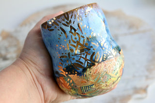 Artisan hand painted pottery Mug with Mandala Design – Blue and Gold Accents