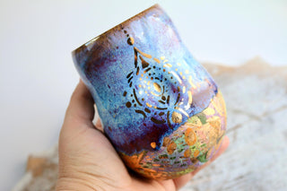 Artisan hand painted pottery Mug with Mandala Design – Blue, Purple, and Gold Accents