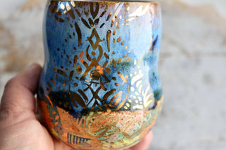 Artisan hand painted pottery Mug with Mandala Design – Blue and Gold Accents