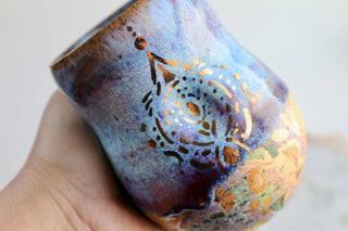 Artisan hand painted pottery Mug with Mandala Design – Blue, Purple, and Gold Accents