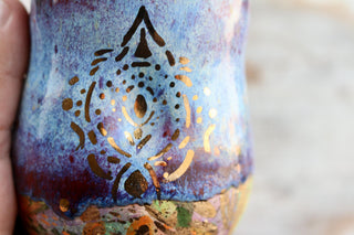 Artisan hand painted pottery Mug with Mandala Design – Blue, Purple, and Gold Accents