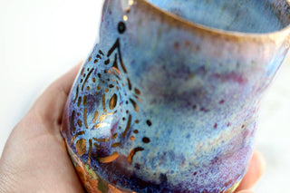 Artisan hand painted pottery Mug with Mandala Design – Blue, Purple, and Gold Accents