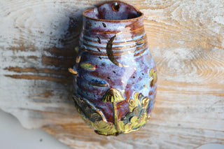 Artisan Ceramic Wall Vase – Mystical Moonlight Forest, Mushroom Design