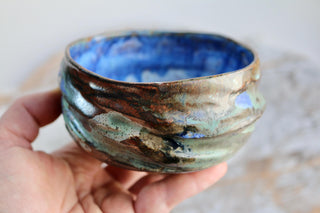 Unique Handmade Brown Green Japanese style tea bowl - Functional Pottery Artwork for tee lovers.